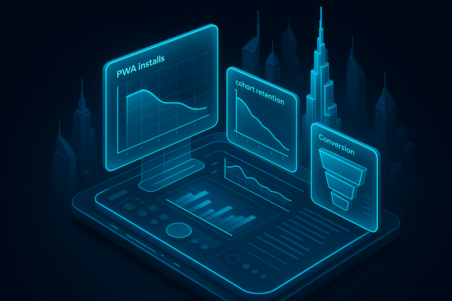 A cinematic, futuristic 3D isometric analytics cockpit in dark mode, with cyan #00D4FF holograms showing PWA installs, cohort retention curves, and conversion waterfalls mapped over a stylized Dubai skyline.