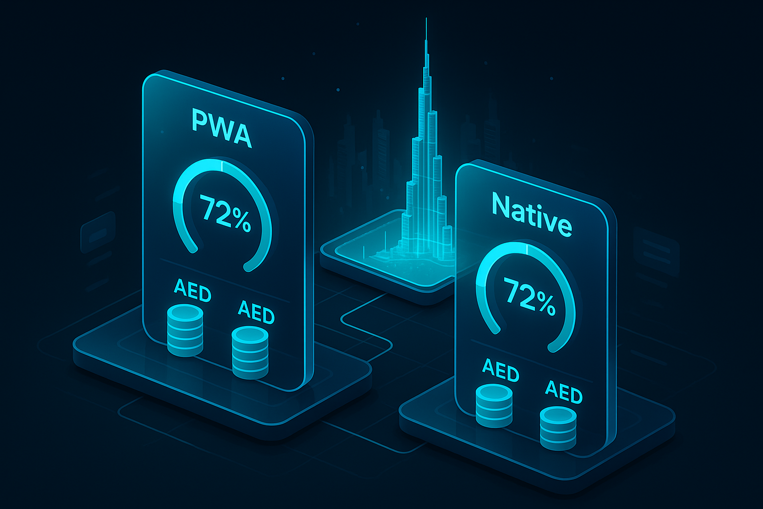 A detailed, futuristic 3D isometric dashboard showing two glass panels labeled PWA and Native, each with cyan #00D4FF glowing ROI gauges, AED cost stacks, and a Dubai skyline hologram in the background, dark mode glassmorphism style