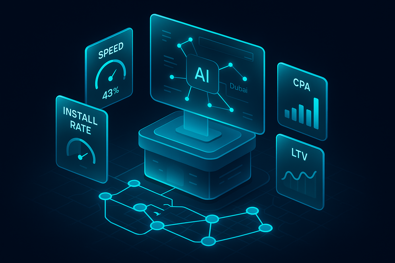 A futuristic 3D isometric command center with glass panels showing real time metrics for Speed, Install Rate, CPA, and LTV, all glowing in cyan #00D4FF, with AI nodes optimizing traffic routes between Dubai districts.