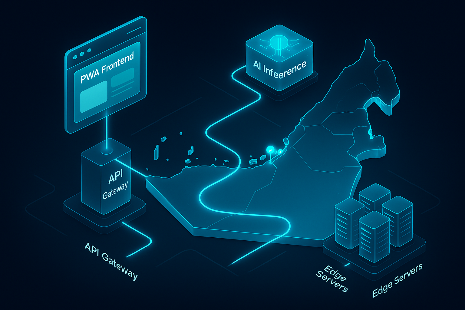 A detailed, futuristic 3D isometric description of a glass data center map of the UAE with cyan nodes at Abu Dhabi and Dubai, showing a PWA front end, API gateway, AI inference layer, ERP connectors, and edge servers, all linked by glowing flows