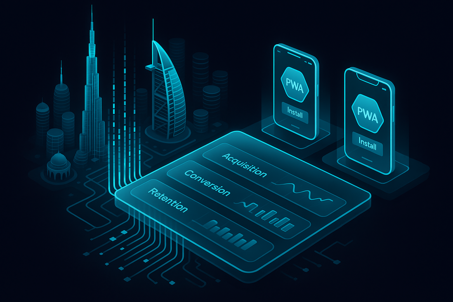 A detailed, futuristic 3D isometric description of a dark mode Dubai skyline with cyan #00D4FF data streams flowing into a glassmorphic dashboard labeled Acquisition, Conversion, Retention, and Cost, with PWA icons installing on holographic phones