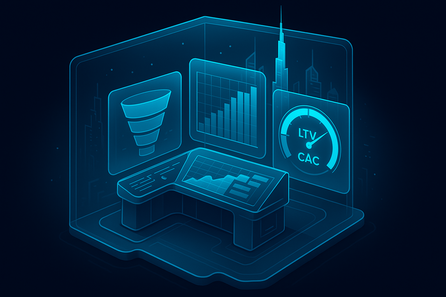 A detailed, futuristic 3D isometric analytics cockpit with glass panels showing real time funnels, cohort charts, and a glowing cyan LTV to CAC gauge, framed by a translucent Dubai skyline