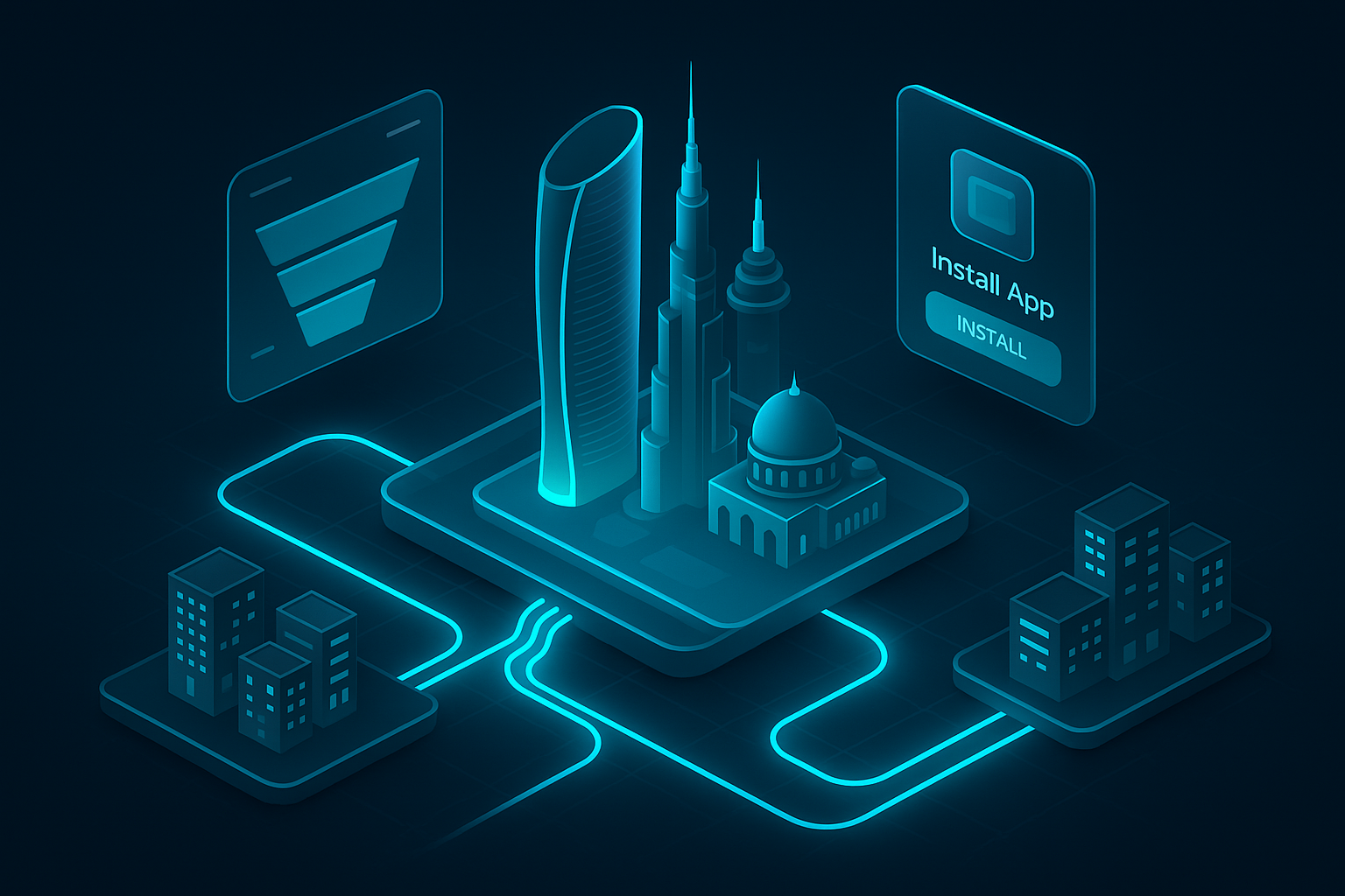 A detailed, futuristic 3D isometric illustration of Abu Dhabi city blocks connected by glowing cyan #00D4FF data streams, with floating glass UI panels showing funnel metrics and a PWA install card, all in dark mode glassmorphism style