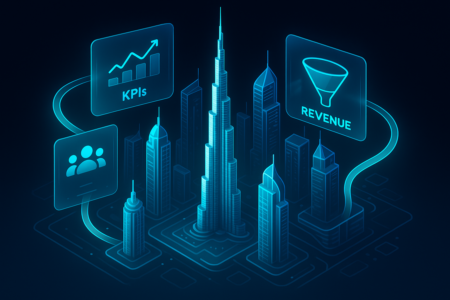 A detailed, futuristic 3D isometric view of Dubai Marina and Downtown, with holographic brand KPIs floating above towers, cyan #00D4FF data streams linking audience segments to revenue funnels, glass panels reflecting a premium dark mode UI.
