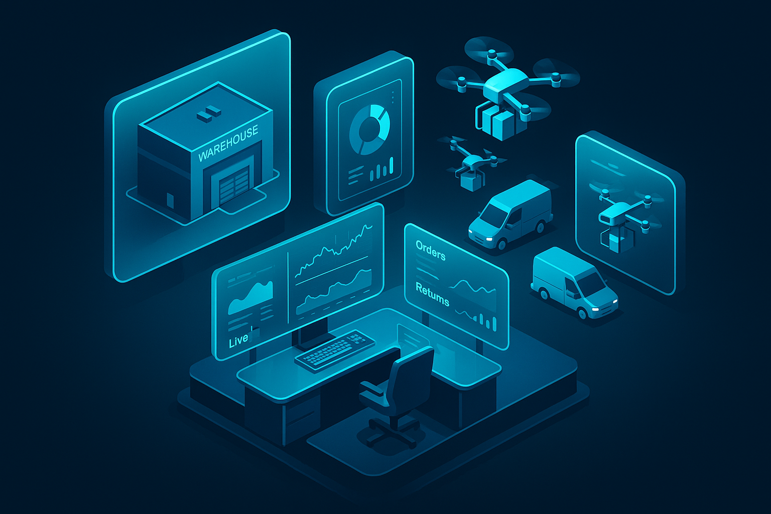 A 3D isometric operations control room with glassmorphism panels, showing a UAE warehouse, delivery drones and vans, and a live dashboard for orders, returns, and inventory heat maps in cyan #00D4FF