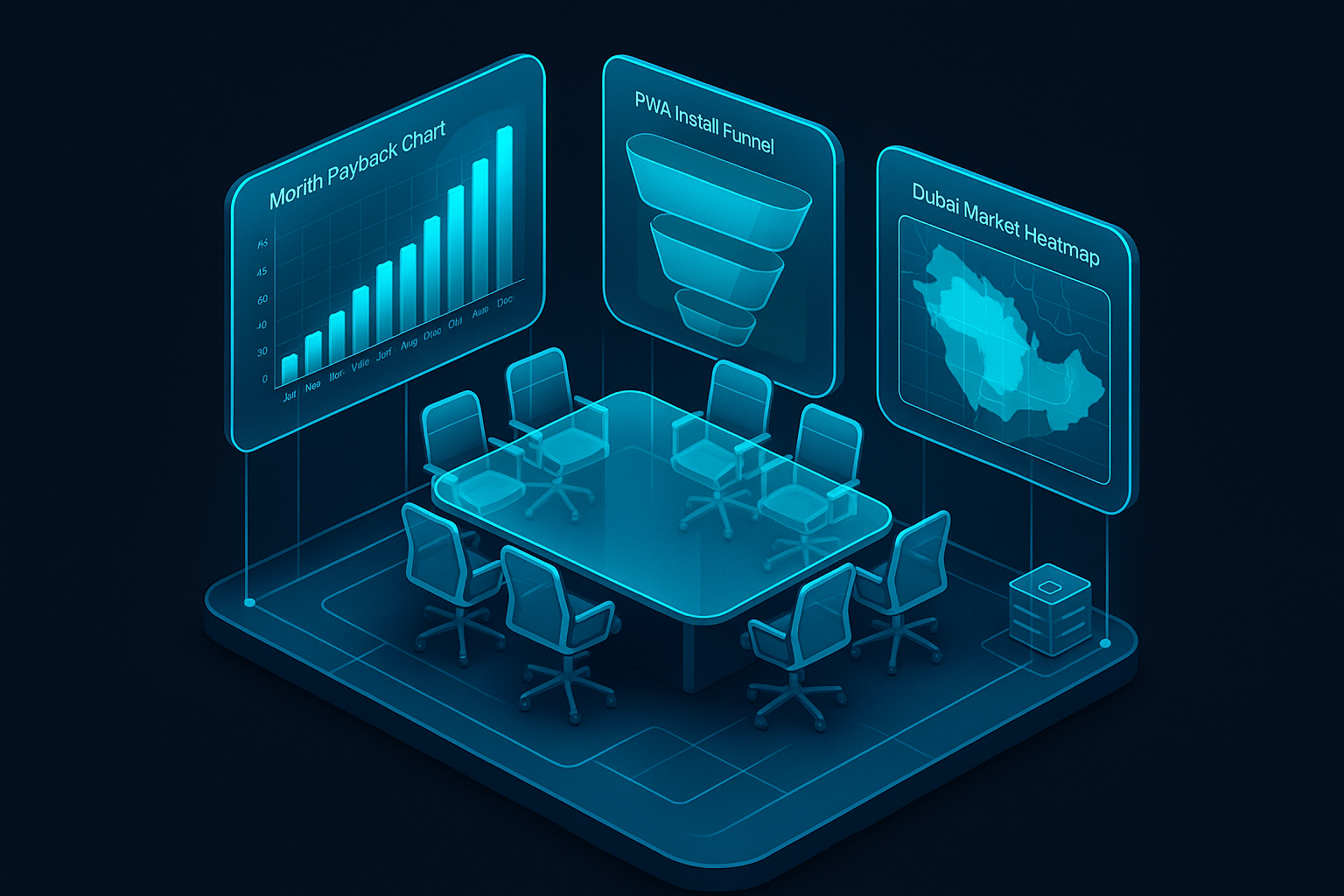 A detailed, futuristic 3D isometric boardroom with transparent glassmorphism screens showing a month by month payback chart, a PWA install funnel, and Dubai market heatmaps in cyan #00D4FF