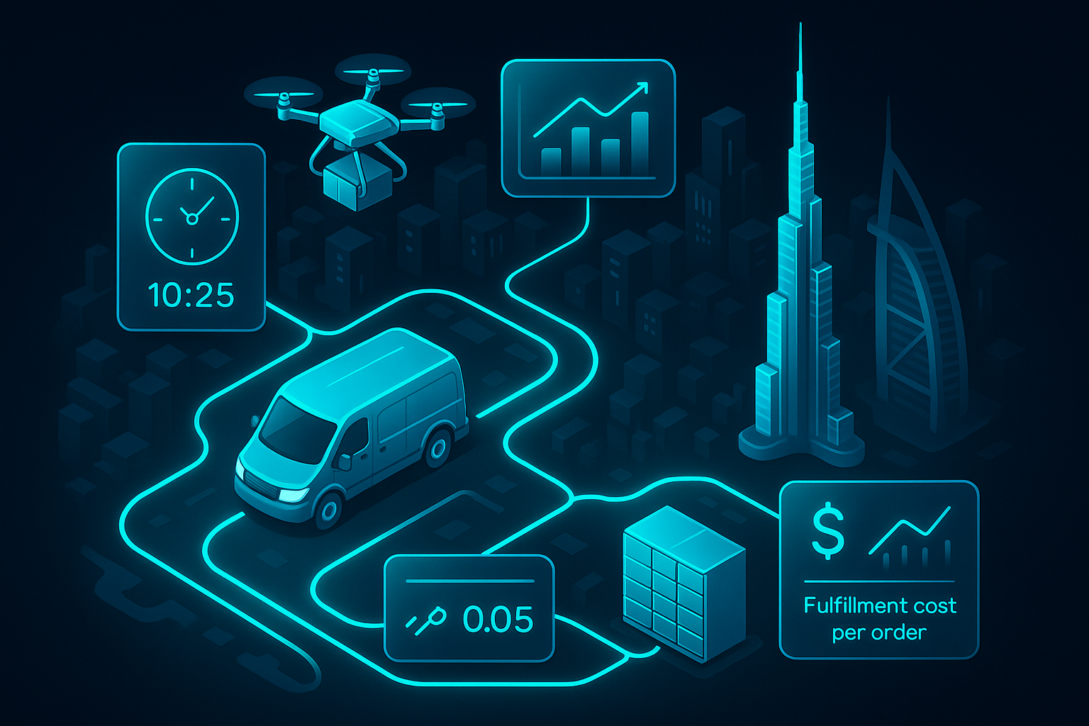 A detailed, futuristic 3D isometric last mile network across Dubai, with autonomous vans, drones, and smart lockers, routes glowing in cyan #00D4FF, glassmorphism panels showing ETA, courier utilization, and fulfillment cost per order
