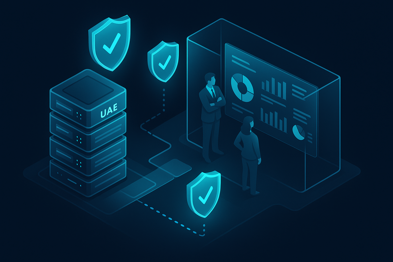 A detailed, futuristic 3D isometric description of a secure data hub with cyan shields and audit trails, servers labeled UAE region, and executives reviewing compliance dashboards in a dark mode glassy room