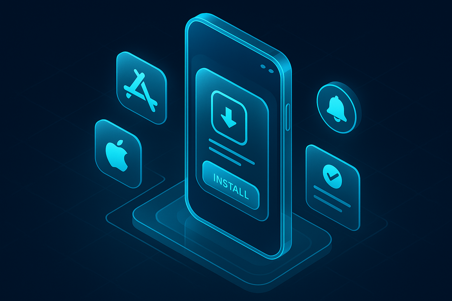 A detailed, futuristic 3D isometric description of a glassmorphic mobile phone showing an install prompt for a PWA, with app store badges floating, push notification icons, and a checkout flow glowing in cyan