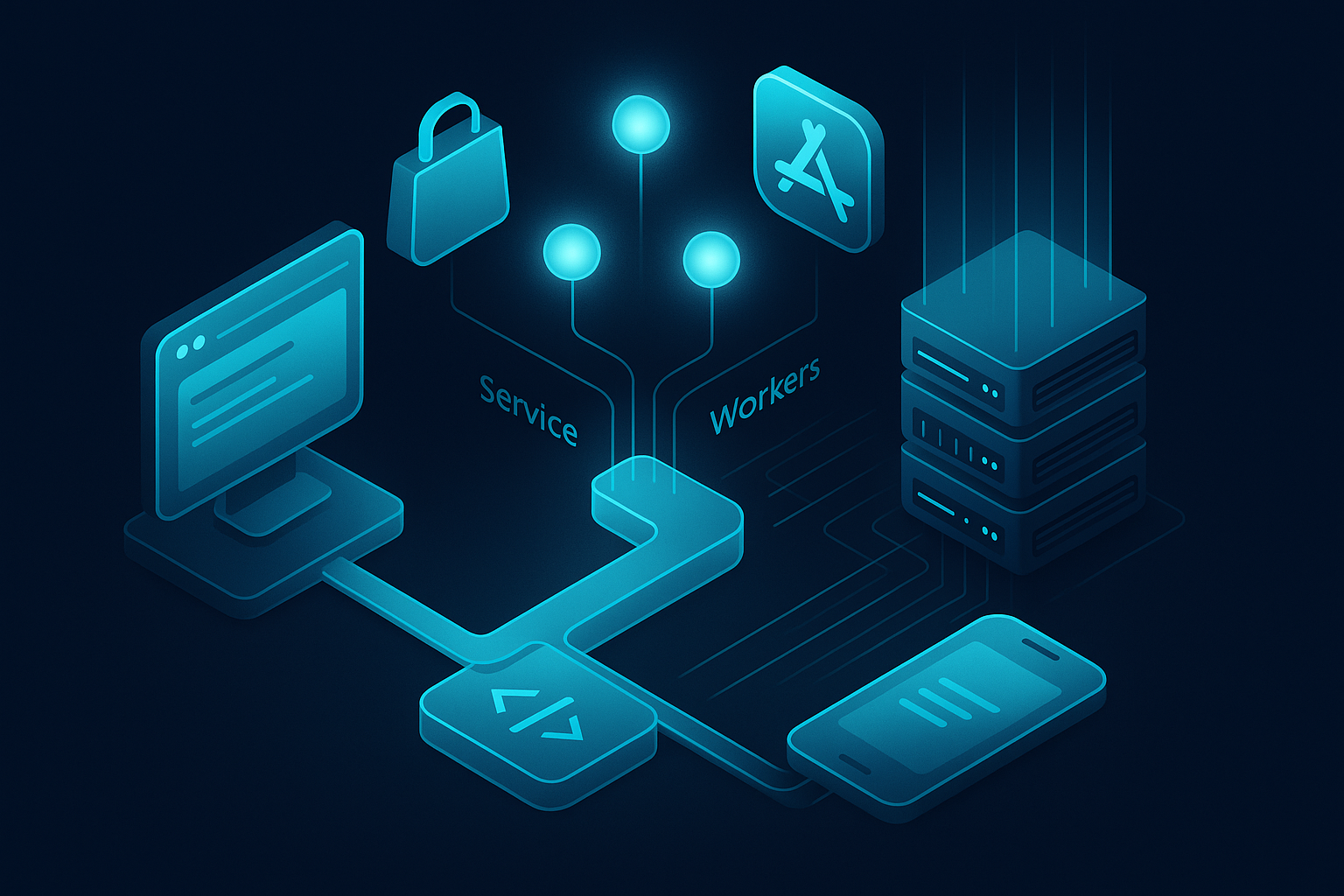 A detailed, futuristic 3D isometric PWA architecture diagram in glassmorphism, cyan #00D4FF accents, service workers as glowing nodes, app store icons floating, a unified codebase pipe feeding both web and mobile devices, dark mode server racks emitting holographic lines