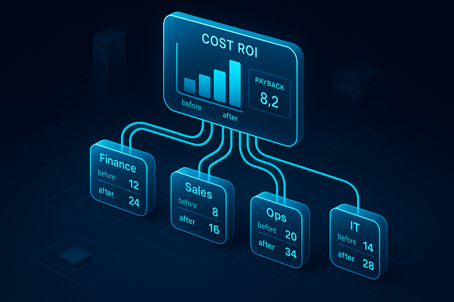 A detailed, futuristic 3D isometric description of a glassmorphism cost ROI dashboard with cyan data streams flowing into modules labeled Finance, Sales, Ops, and IT, each showing before and after metrics and a payback counter