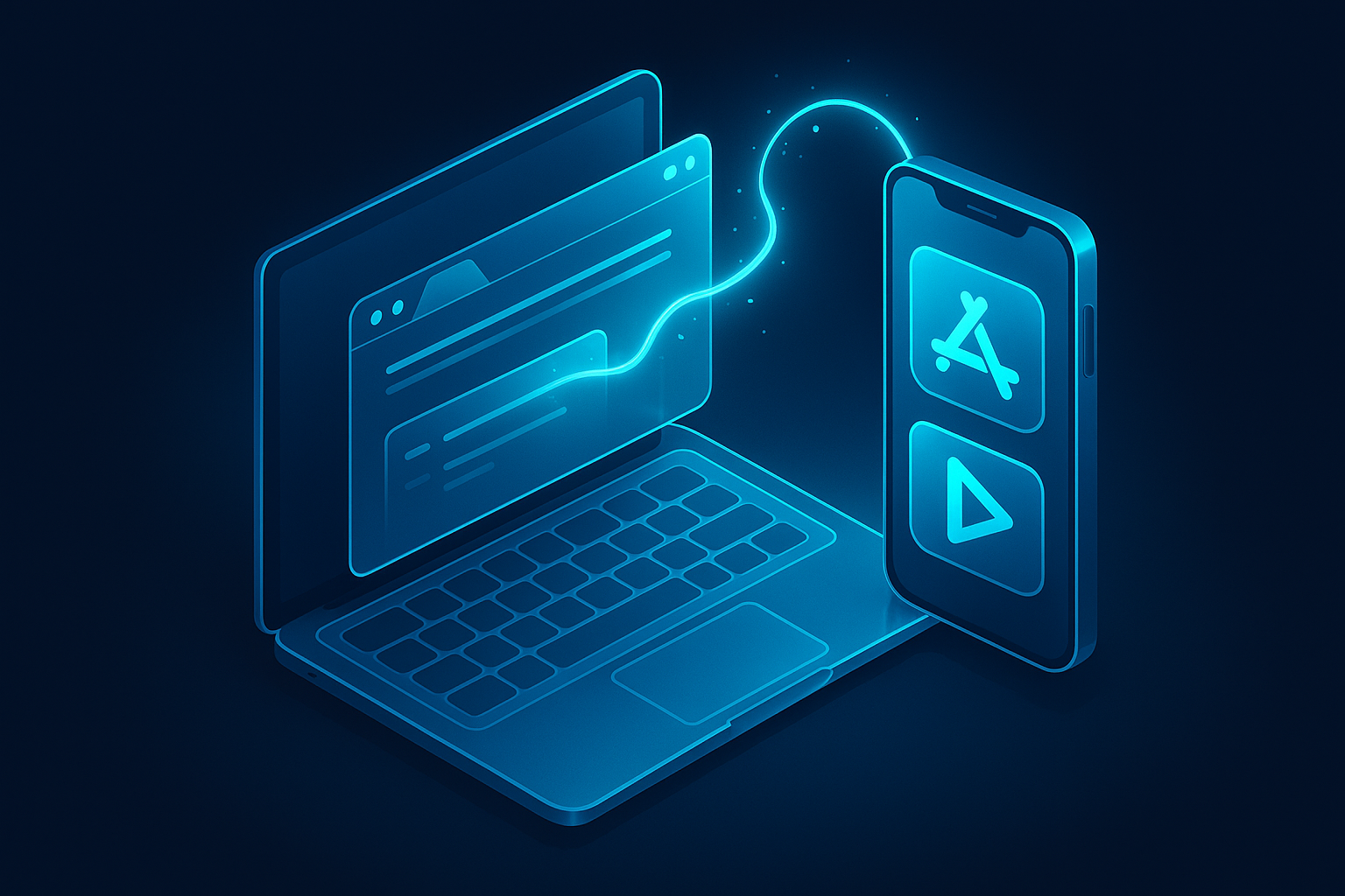 A detailed, futuristic 3D isometric description of a smartphone and laptop merging into a single glassmorphism device, with cyan #00D4FF energy links between browser tabs and an App Store and Google Play install badge glowing in mid air.
