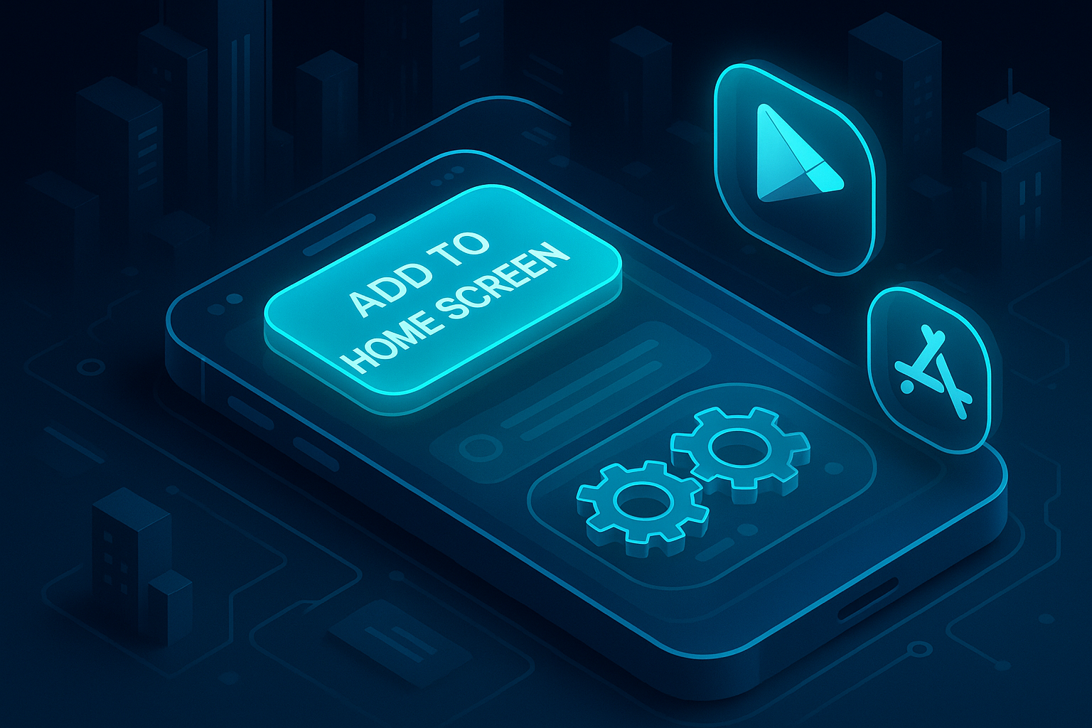 A futuristic isometric mobile device with a glowing cyan #00D4FF install card labeled “Add to Home Screen”, service worker gears turning beneath a glassmorphism UI, and a holographic badge for Google Play and App Store in a dark-mode tech cityscape.