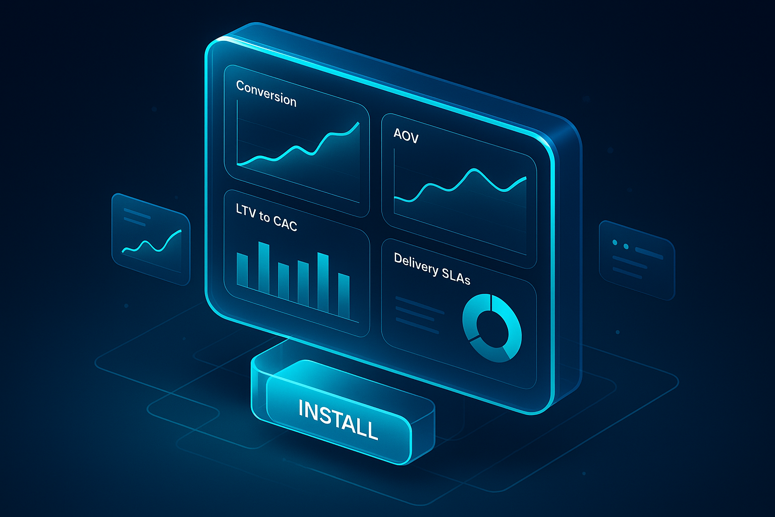 A detailed, futuristic 3D glass dashboard floating in space with cyan #00D4FF charts for conversion, AOV, LTV to CAC, and delivery SLAs, alongside a glowing install button for a PWA