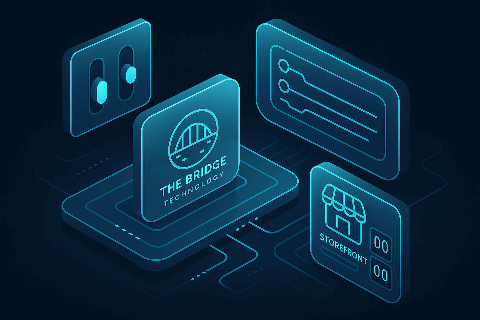 A detailed, futuristic 3D isometric description of a glassmorphism control center with cyan toggles, The Bridge Technology logo, deployment pipelines, and real time revenue counters linked to a PWA storefront
