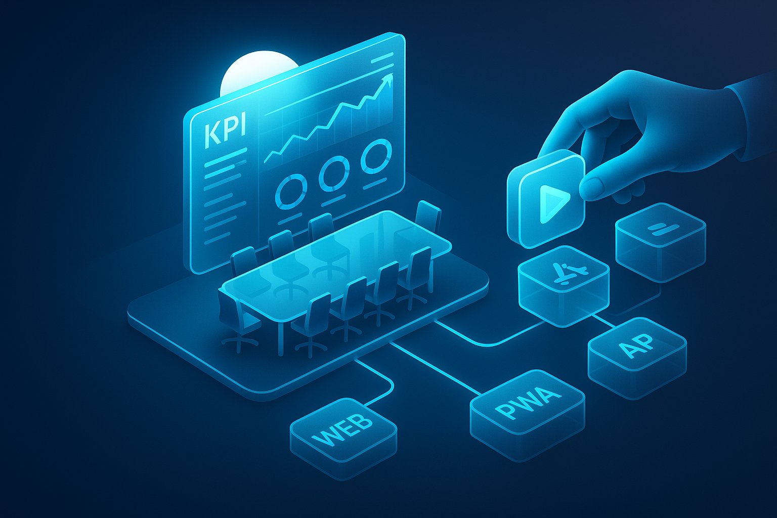 A detailed, futuristic 3D isometric description of a boardroom at sunrise with a holographic KPI wall, a hand dragging an app tile into Play and App Store slots, and cyan #00D4FF data streams linking web, PWA, and native wrappers, all in glassmorphism
