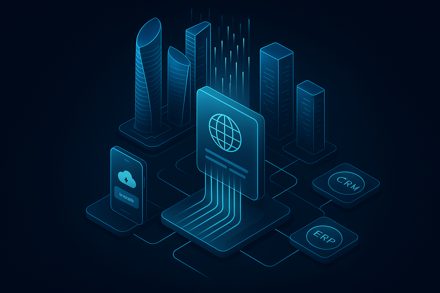 A detailed, futuristic 3D isometric description of Abu Dhabi’s skyline with glass towers, cyan #00D4FF data streams flowing into a centralized web platform, mobile devices showing PWA install prompts, and integrated ERP and CRM nodes, all in dark mode glassmorphism style