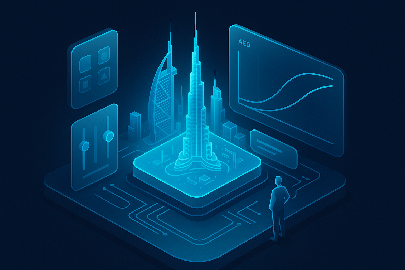 A detailed, futuristic 3D isometric description of a Dubai skyline command center with cyan holographic budget sliders, app feature modules snapping into place, and a CEO dashboard projecting AED cost bands against projected ROI curves, all in glassmorphism style on dark mode