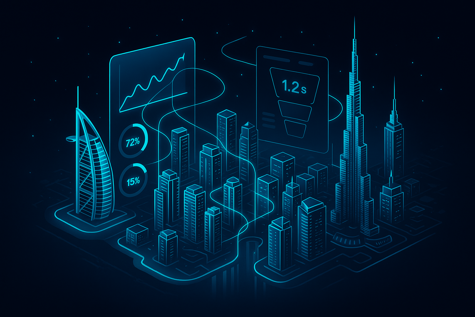 A detailed, futuristic 3D isometric description of Dubai Marina and Downtown skyline under a starry night, neon cyan #00D4FF data streams connecting towers, floating glass UI panels with KPIs, and a premium dark mode interface showing fast page load and conversion funnels