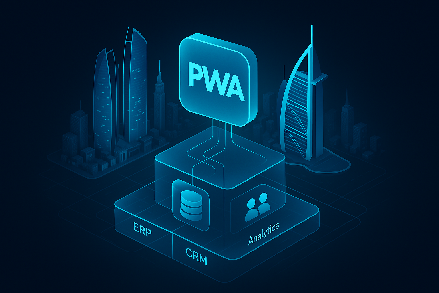 A detailed, futuristic 3D isometric description of an Abu Dhabi skyline at dawn with a translucent PWA icon hovering above glass panels, data flows connecting ERP, CRM, and analytics layers in cyan light, all in dark mode glassmorphism style