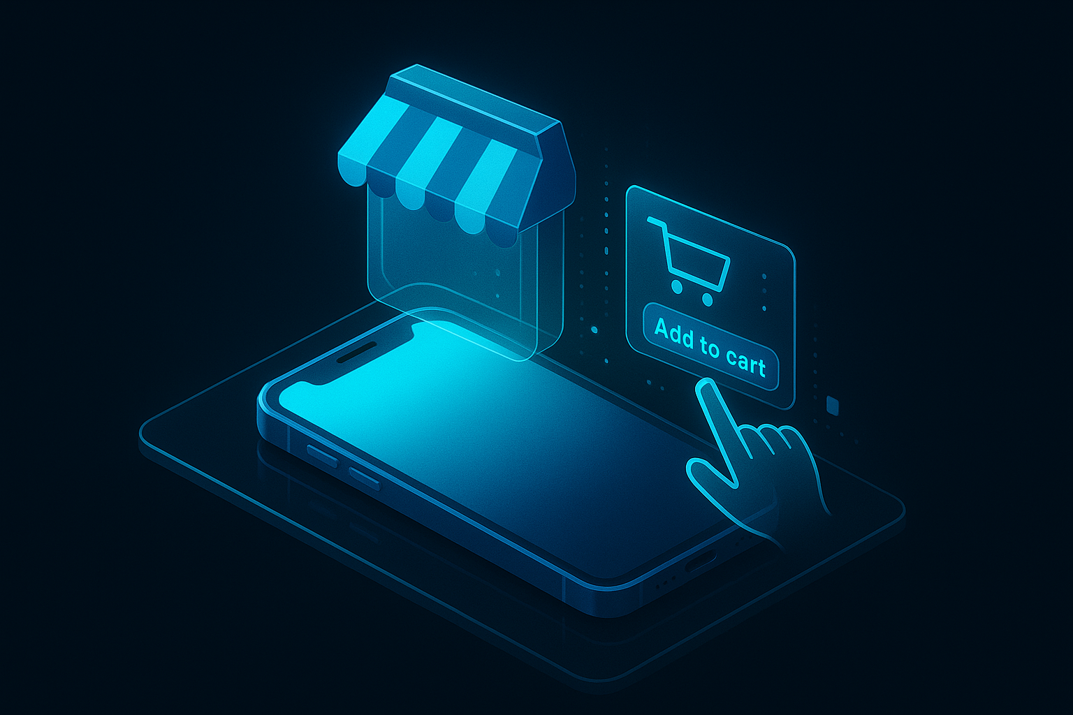 A detailed, futuristic 3D isometric description of a mobile phone morphing into a storefront PWA icon, with holographic add to cart flows, tap gestures, and cyan micro animations, set over a dark glass panel