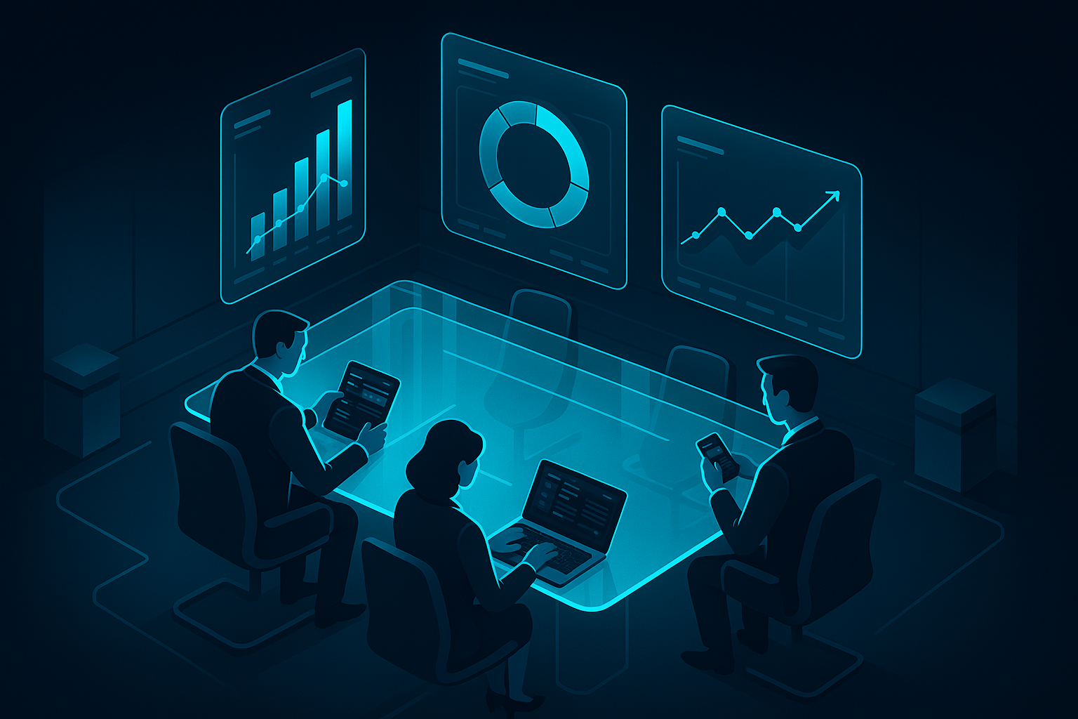 A detailed, futuristic 3D isometric description of a Dubai boardroom with holographic KPI charts floating above a glass table, cyan #00D4FF glow, executives reviewing a PWA on multiple devices, dark mode glassmorphism UI