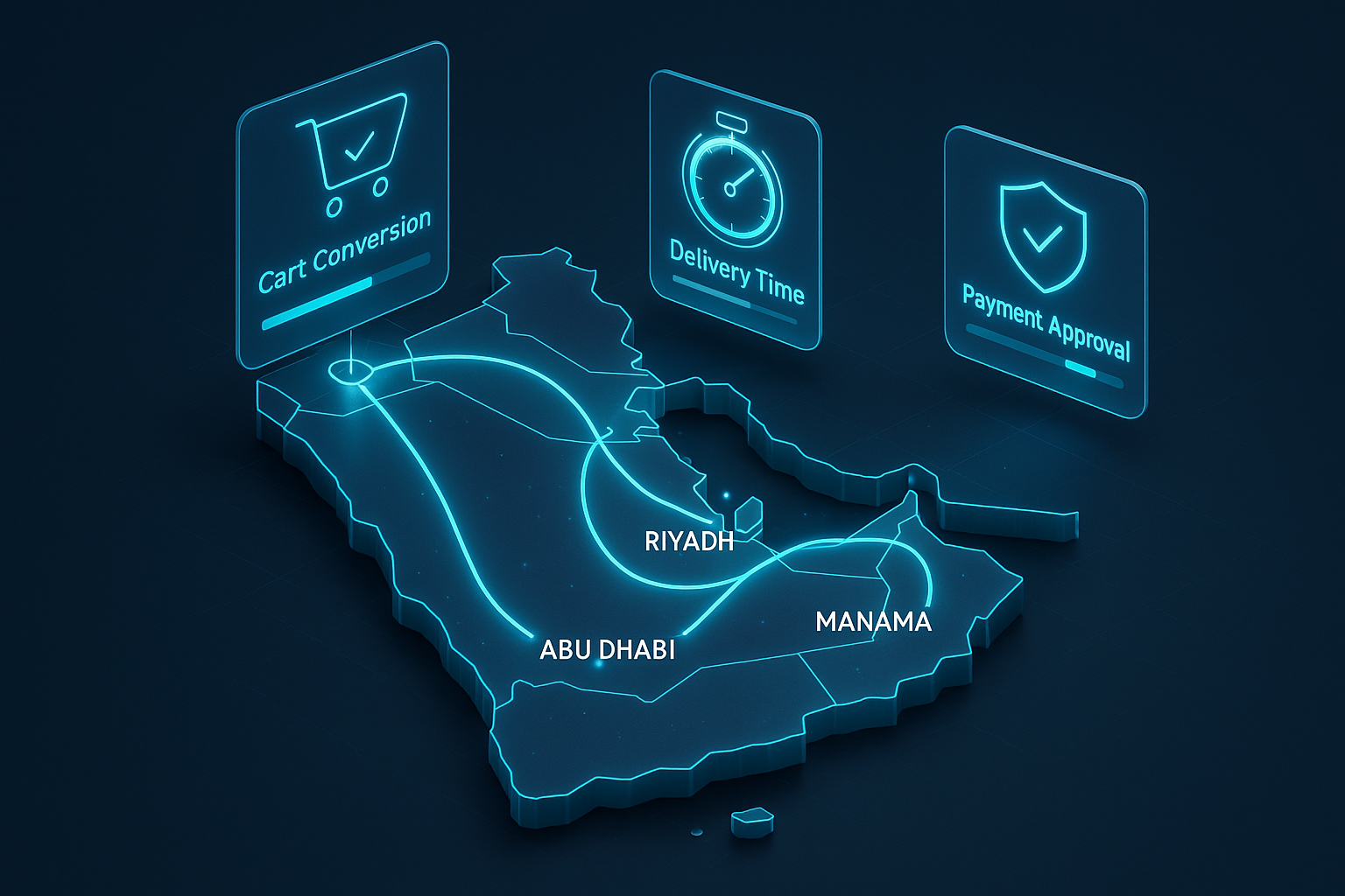 A detailed, futuristic 3D isometric map of the GCC at night, with glowing cyan #00D4FF trade routes between Dubai, Abu Dhabi, Riyadh, and Manama, connected to floating glassmorphism dashboards showing cart conversion, delivery time, and payment approvals