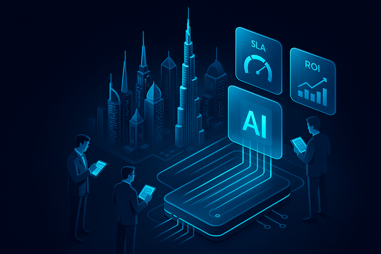 A detailed, futuristic 3D isometric description of a dark mode Dubai skyline with neon cyan data streams flowing into an AI command center dashboard, glassmorphism panels floating with KPIs like cost per order, SLA, and ROI, executives reviewing insights on tablets