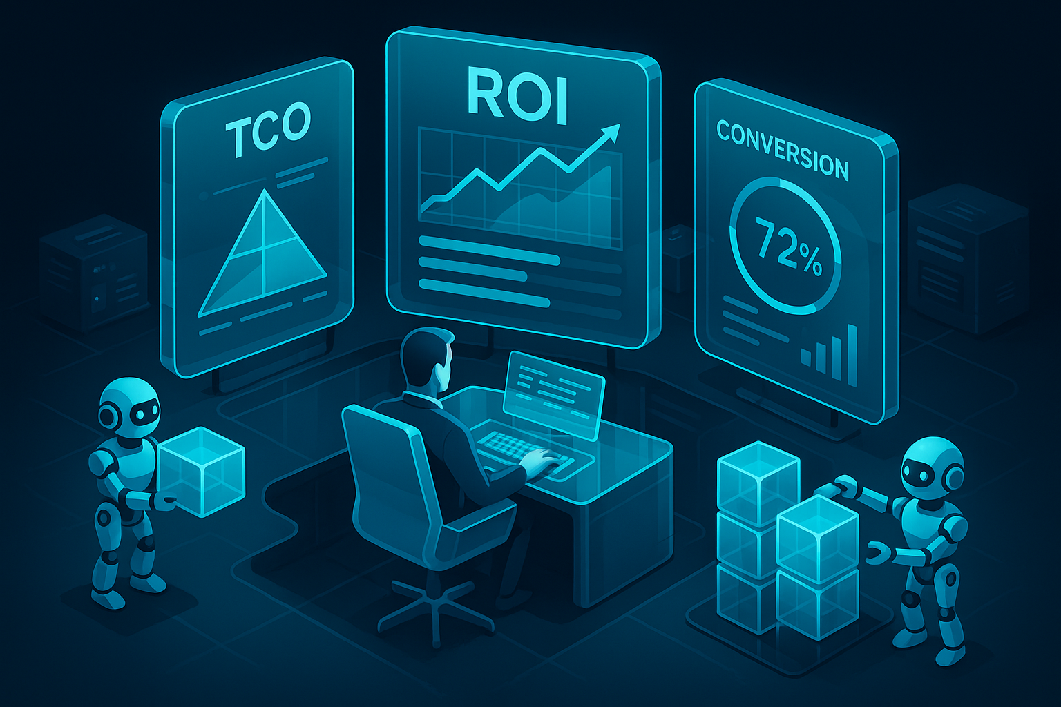 A detailed, futuristic 3D isometric description of a CFO control room with translucent dashboards showing ROI, TCO, and conversion metrics, robotic assistants moving data cubes, cyan #00D4FF highlights, sleek glass surfaces