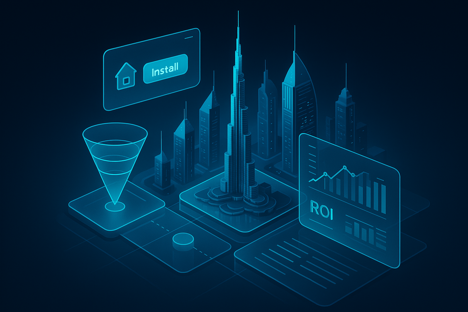 A detailed, futuristic 3D isometric description of a Dubai skyline at dawn with holographic PWA install prompts floating above glass panels, cyan #00D4FF accents highlighting conversion funnels, and a CEO dashboard projecting ROI metrics across layered glass surfaces