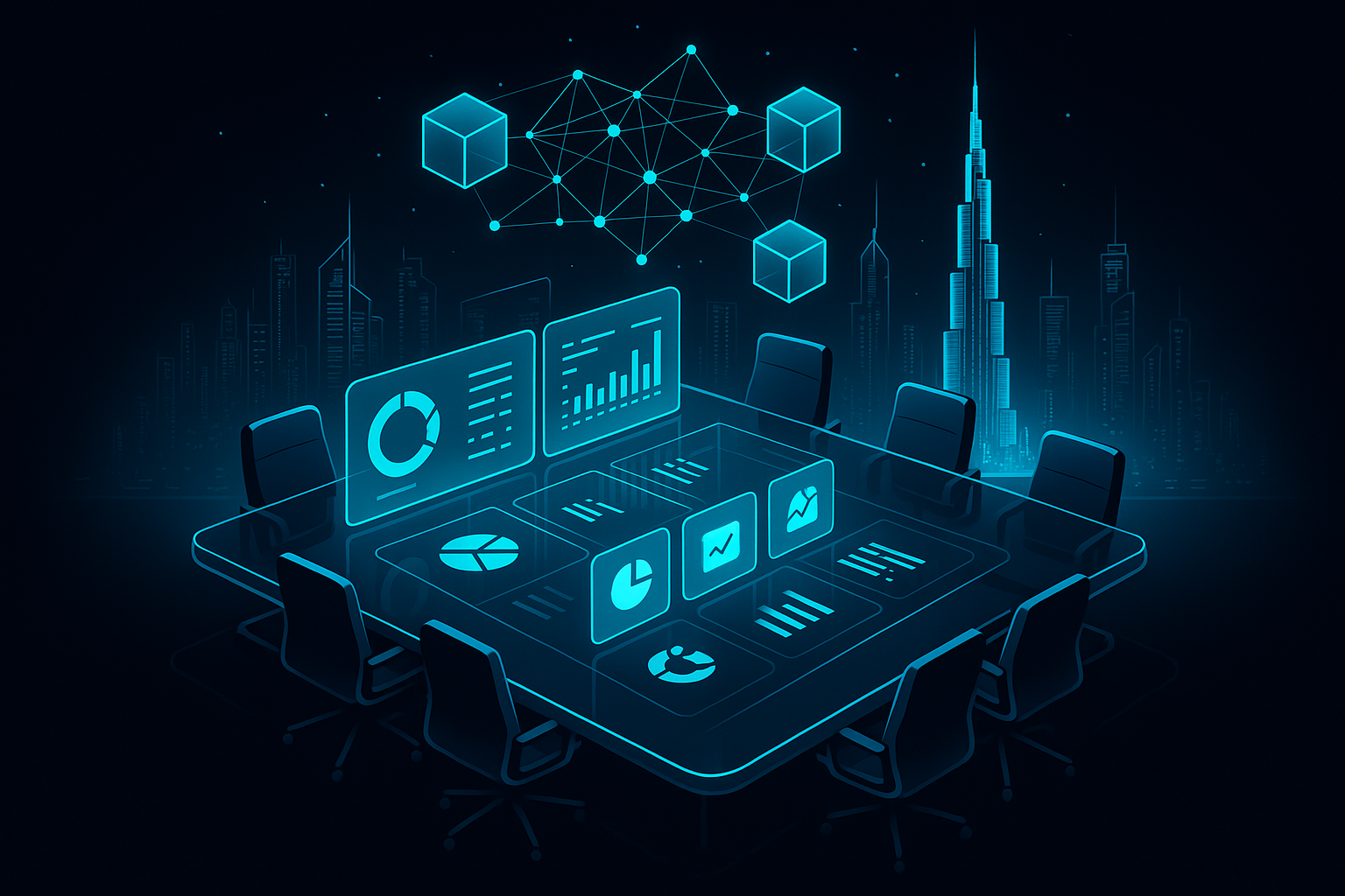 A detailed, futuristic 3D isometric description of a dark glass boardroom table with cyan #00D4FF holographic dashboards showing KPI tiles, a glowing Dubai skyline in the background, and an AI neural lattice connecting data cubes in mid air