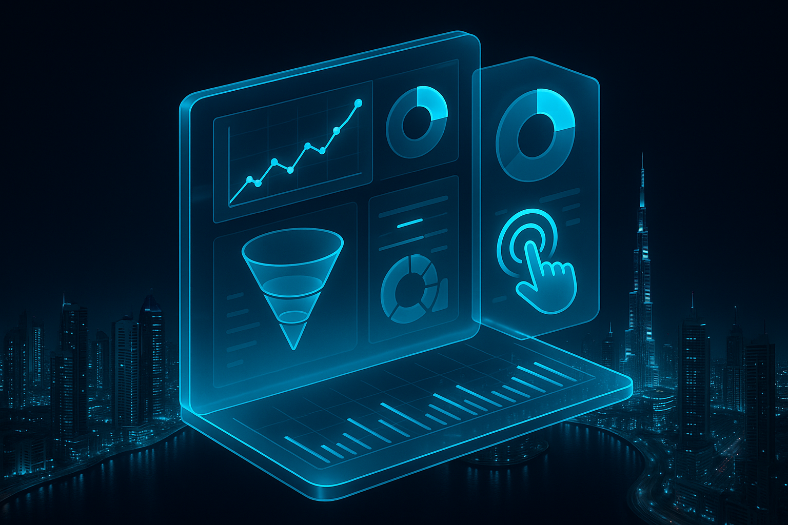 A detailed, futuristic 3D isometric description of a glassy ROI control center dashboard floating above a neon lit Dubai Marina skyline, with cyan #00D4FF graphs, conversion funnels, and tap targets glowing in dark mode, rendered in ultra realistic glassmorphism style