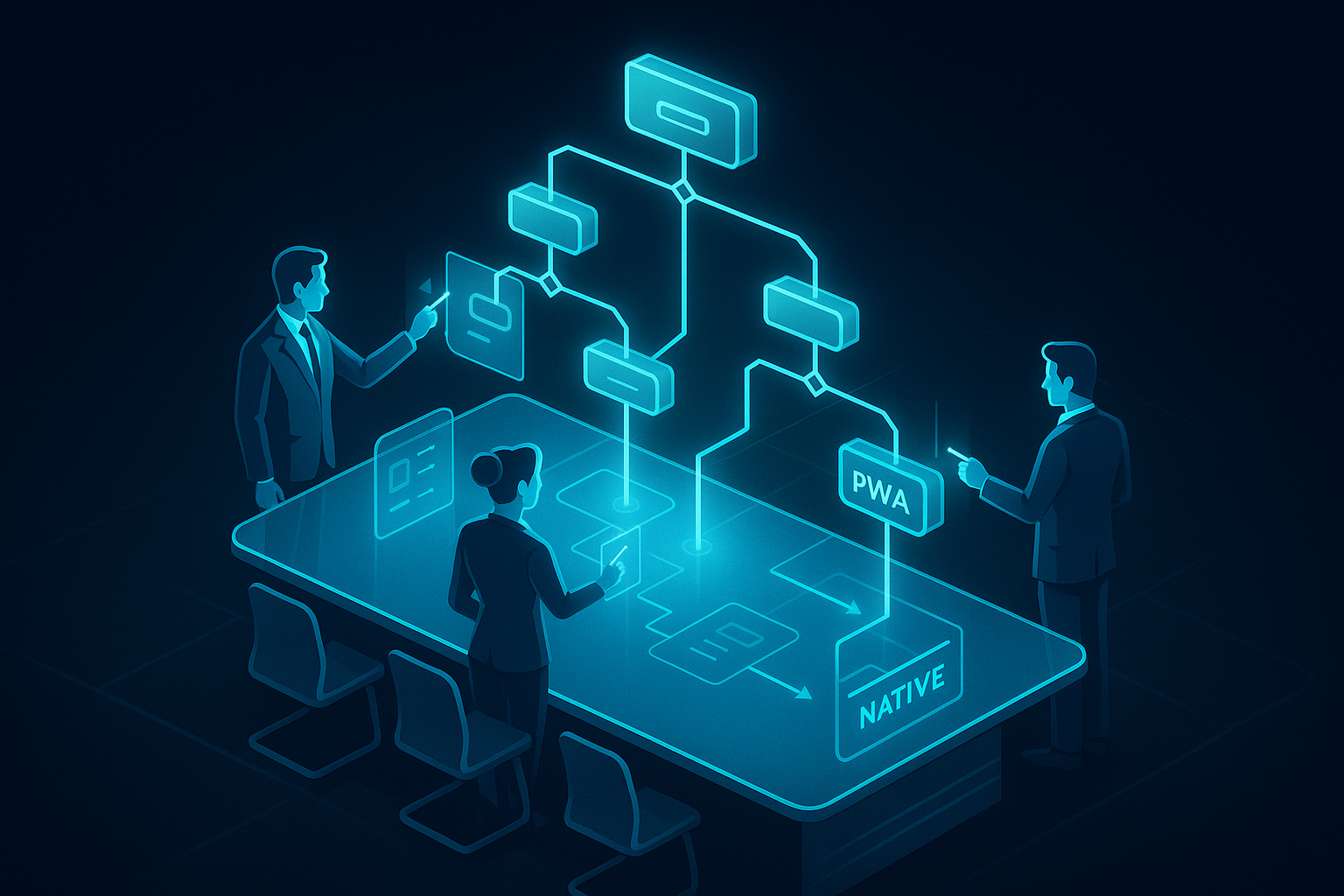 A detailed, futuristic 3D isometric description of a decision tree hologram floating above a conference table, with cyan illuminated paths leading to PWA or Native boxes, executives tapping nodes on translucent glass panels