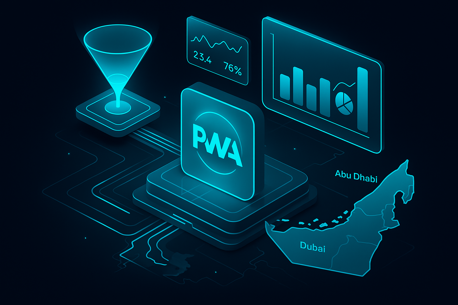 A detailed, futuristic 3D isometric description of a performance command center with holographic ad funnels, cyan media streams feeding a glowing PWA icon, and real time metrics floating over a stylized map of Dubai and Abu Dhabi