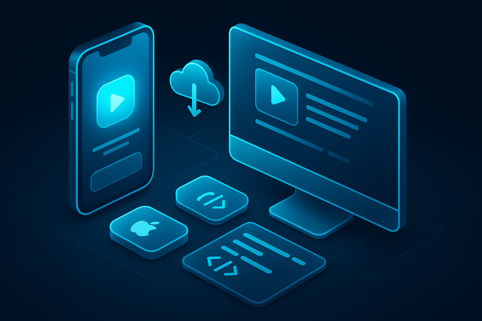 A detailed, futuristic 3D isometric description of a glassmorphism mobile and desktop PWA suite with cyan highlights, install buttons for App Store and Google Play, offline cloud icons, and a unified code pipeline reducing duplicated effort