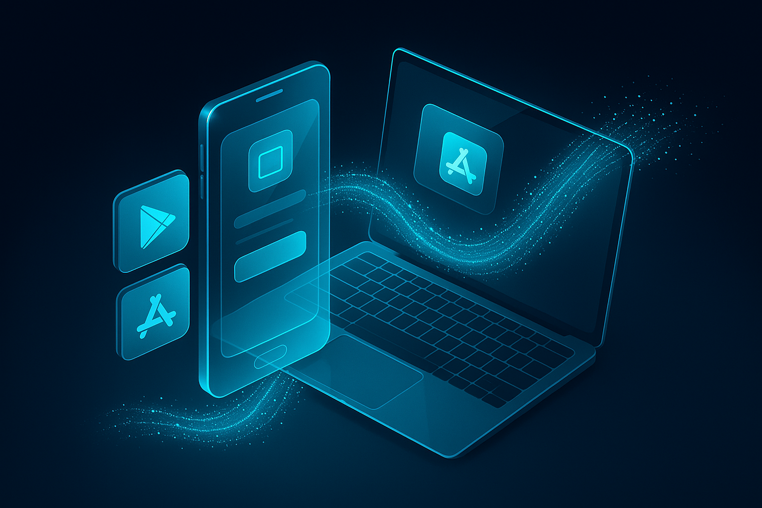 A detailed, futuristic 3D isometric description of a glassmorphic smartphone and laptop merging into one PWA interface, with install buttons for Google Play and App Store floating as neon cyan tiles, and flows of user data visualized as glowing particle streams