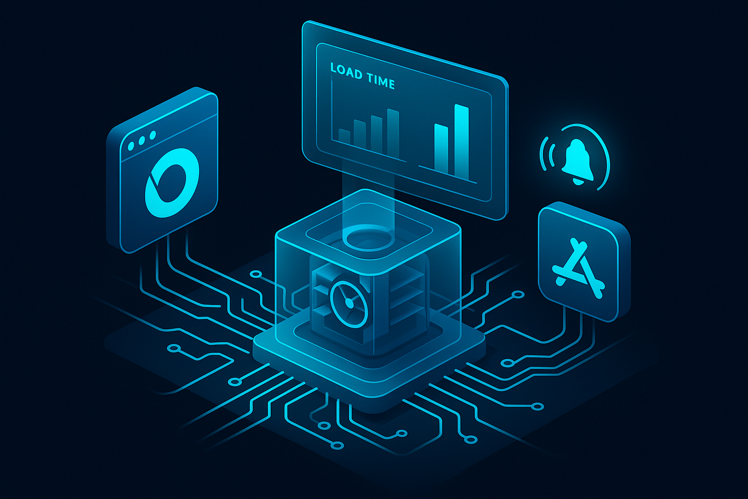 A detailed, futuristic 3D isometric cutaway of a PWA engine powering both a browser and mobile app icons, with cyan #00D4FF circuits, push notification beams, and a glassmorphism dashboard comparing load time and conversion lift.