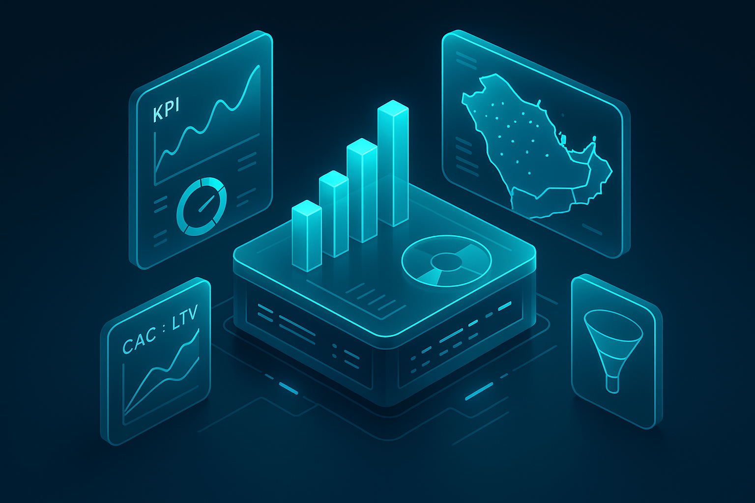 A detailed, futuristic 3D isometric description of a command center dashboard with holographic KPIs, CAC and LTV charts, conversion funnels, and a map of GCC deliveries, glowing in cyan with glassmorphism panels