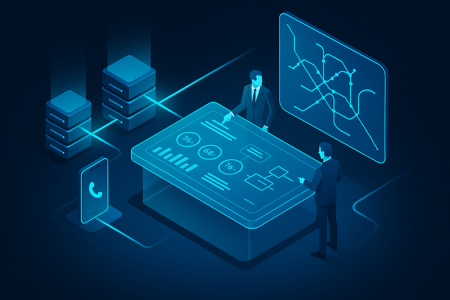 An isometric command center with a transparent dashboard table showing live KPIs, cost meters, and a PWA install flow, executives in tailored suits reviewing scenarios while cyan beams connect servers, phones, and the Dubai Metro map in the background.
