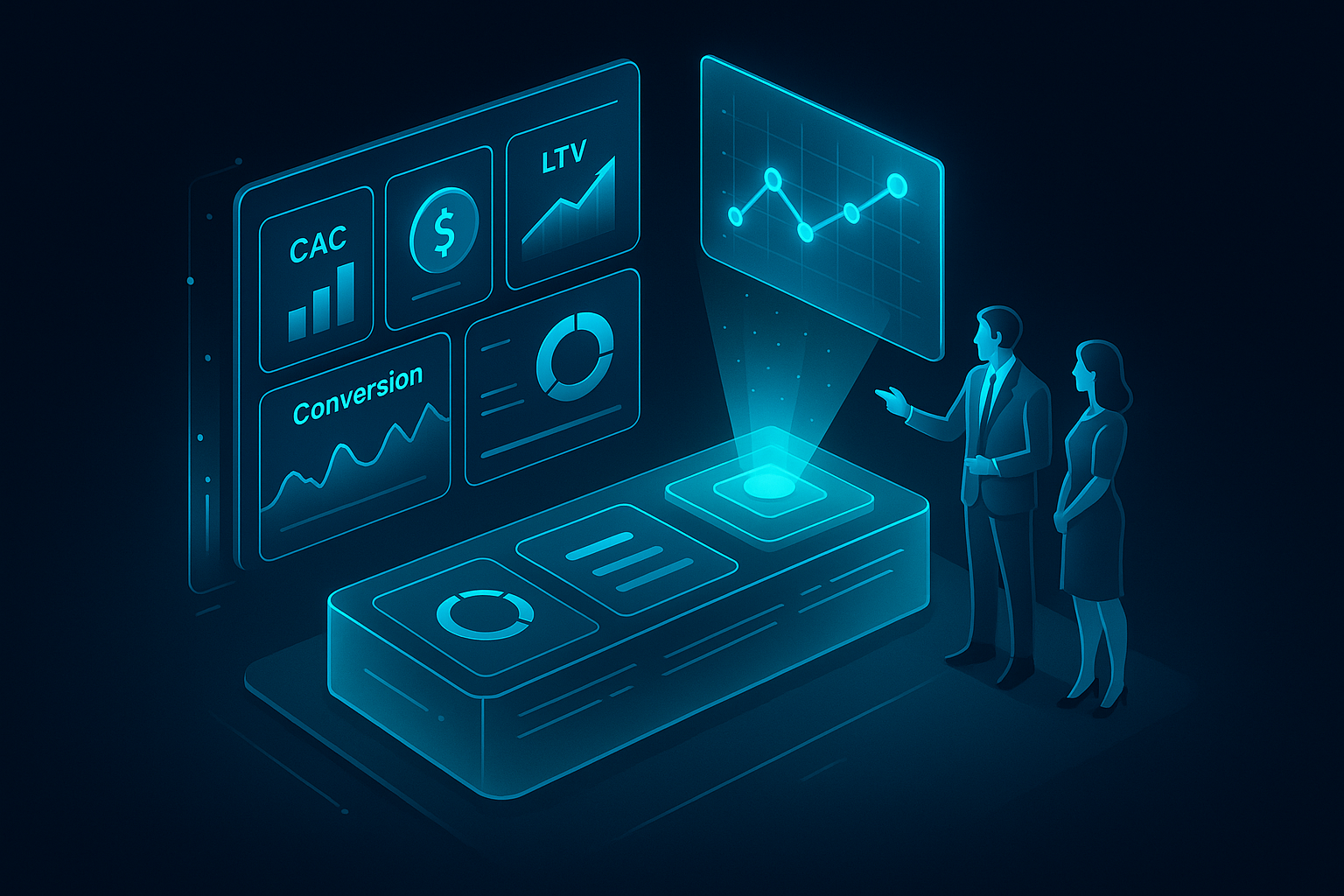 A detailed, futuristic 3D isometric description of a glassy command center dashboard in dark mode with cyan #00D4FF widgets for CAC, LTV, conversion, and delivery metrics, executives reviewing a holographic roadmap