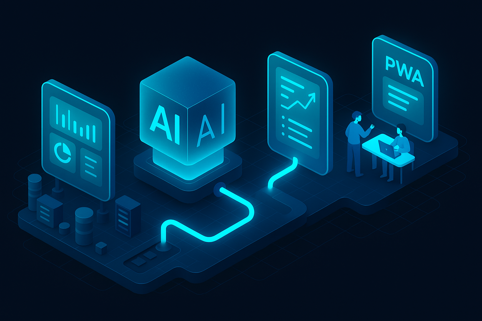 A detailed, futuristic 3D isometric factory floor and office pipeline showing a five stage AI automation journey, each glassmorphism stage glows cyan #00D4FF with KPIs, from data intake to PWA delivery across teams