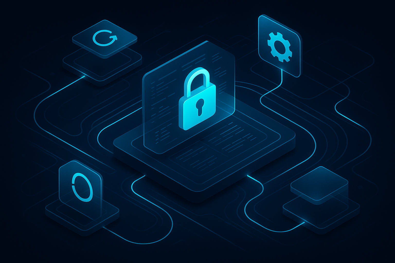 A cinematic 3D isometric security control center with glowing cyan locks, token lifecycles, and policy nodes, all rendered in a glassmorphic dark interface with flowing data lines