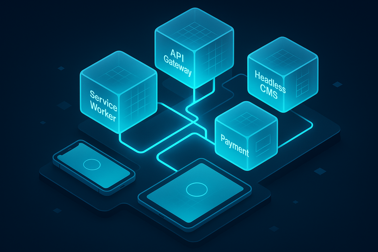 A detailed, futuristic 3D isometric cutaway of a PWA architecture, with service worker layers, API gateway, headless CMS, and payment microservices visualized as glowing cyan #00D4FF glass blocks connected by light pipelines, depicting installs on phone and tablet