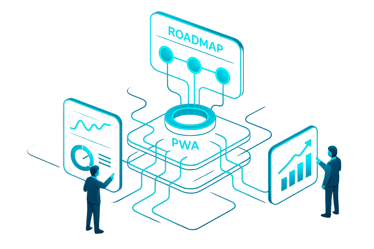 A detailed, futuristic 3D isometric product roadmap on transparent glass layers, with milestones glowing in cyan, data pipelines flowing into a central PWA core, and executives pointing to KPI widgets