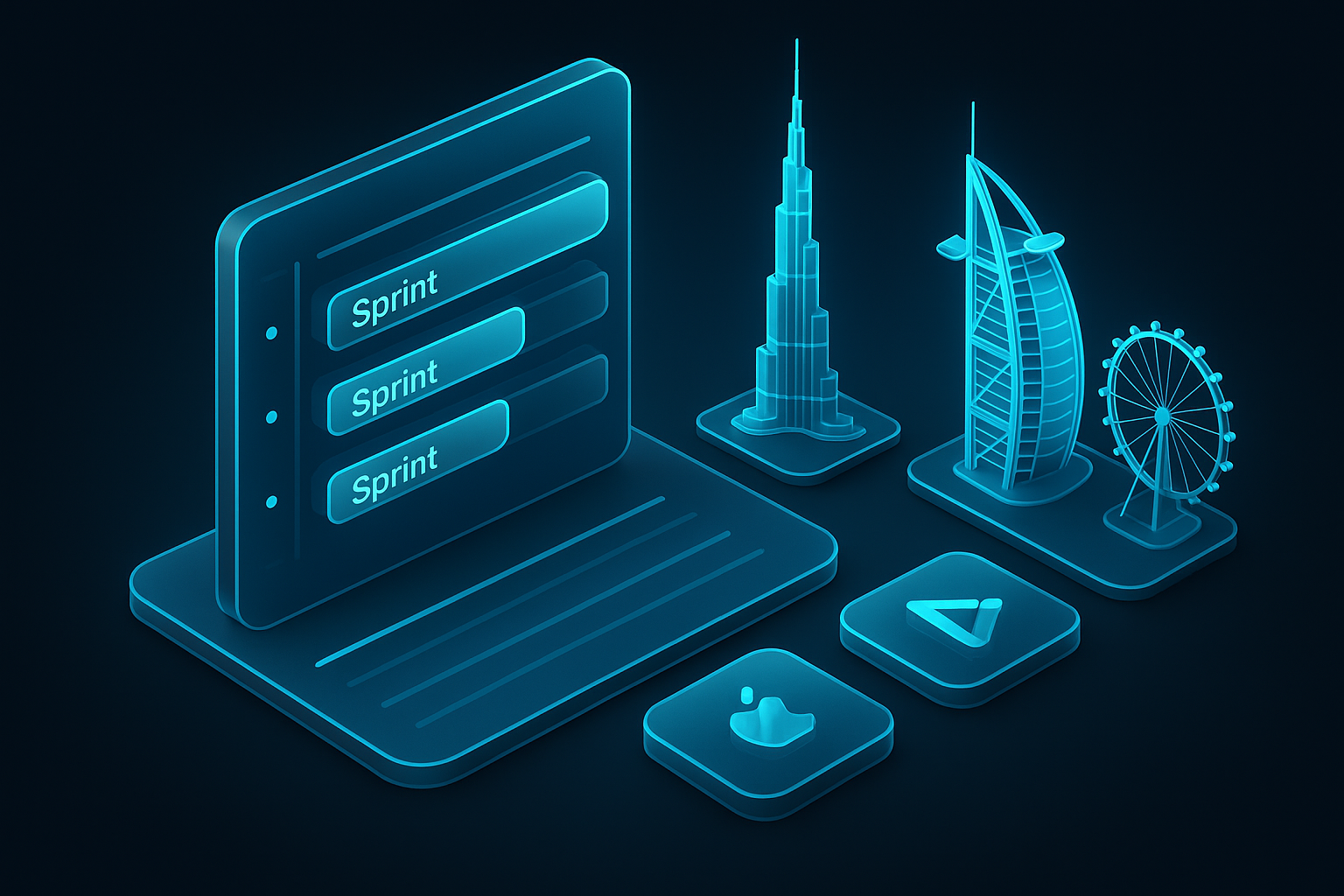 A detailed, futuristic 3D isometric description of a project timeline board with glowing sprints, UAE landmarks, and app store badges, all rendered in glassmorphism with cyan #00D4FF progress lines
