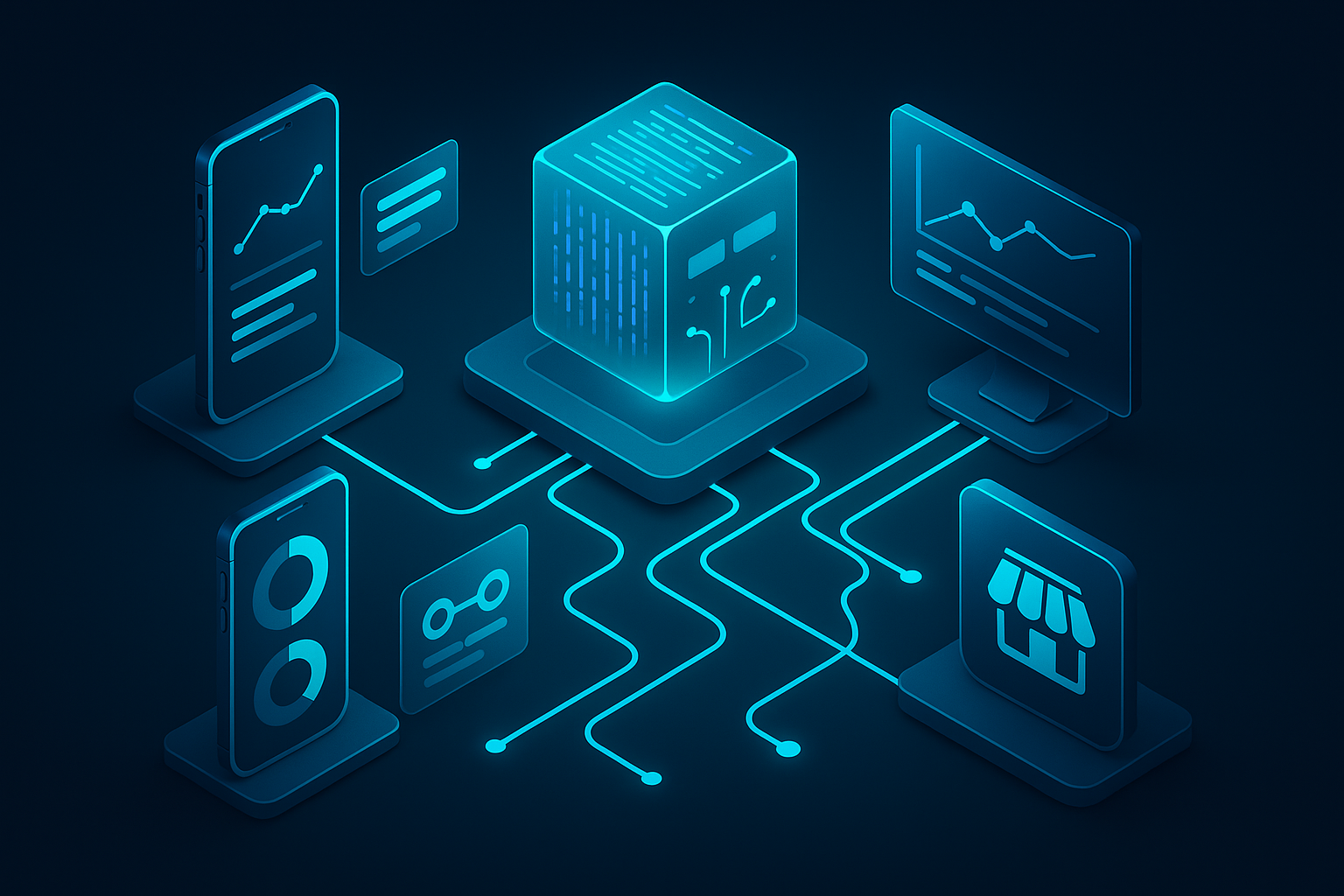 A detailed, futuristic 3D isometric description of a single shimmering codebase that branches into multiple devices iPhone, Android, desktop, and a store badge wall, all connected by cyan circuits. Glassmorphism panels display performance metrics and deployment pipelines.