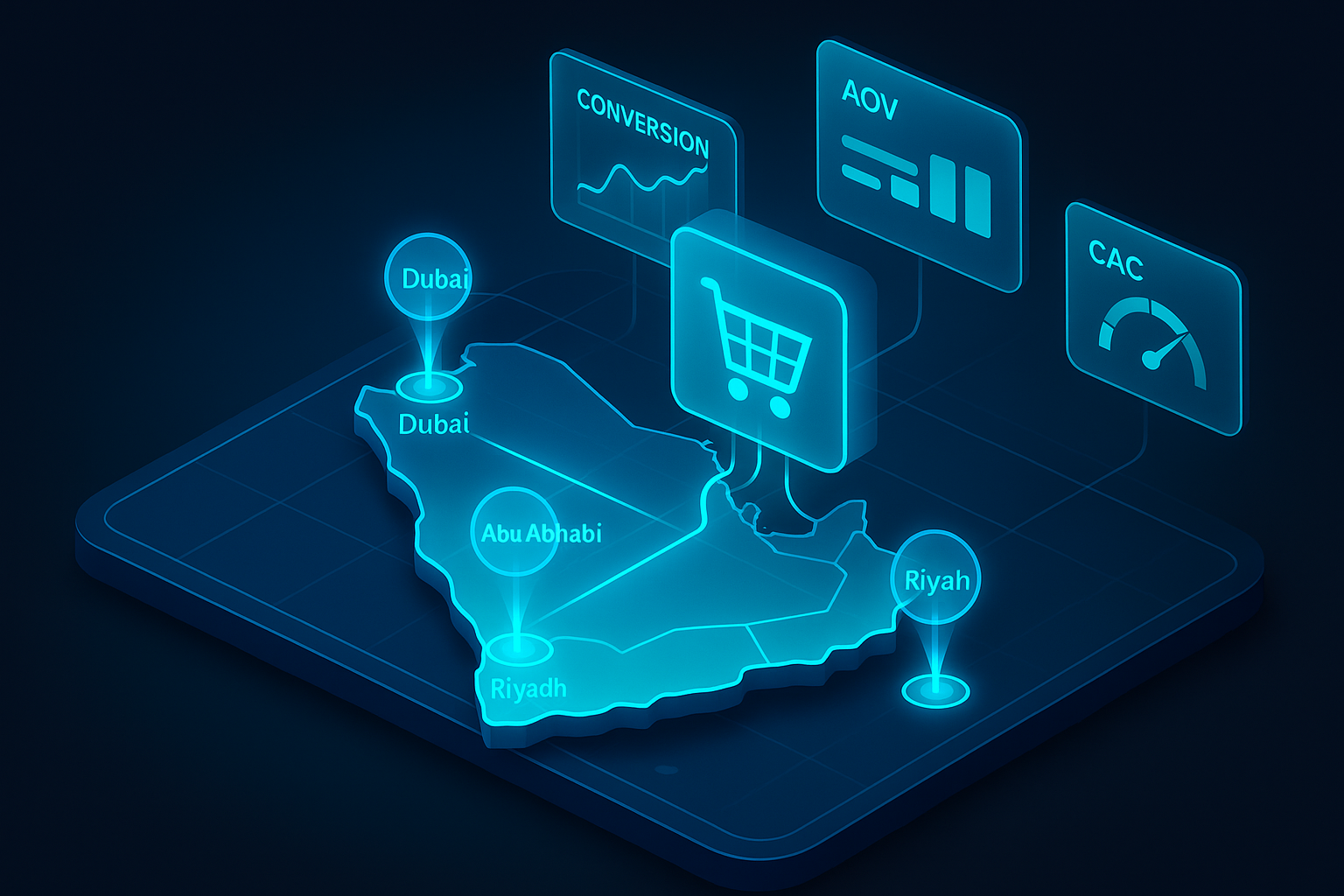 A detailed, futuristic 3D isometric illustration of a glowing GCC map in dark mode, with cyan #00D4FF data streams connecting Dubai, Abu Dhabi, and Riyadh to a central PWA shopping cart hub, layered with glassmorphism panels showing KPIs like conversion, AOV, and CAC.