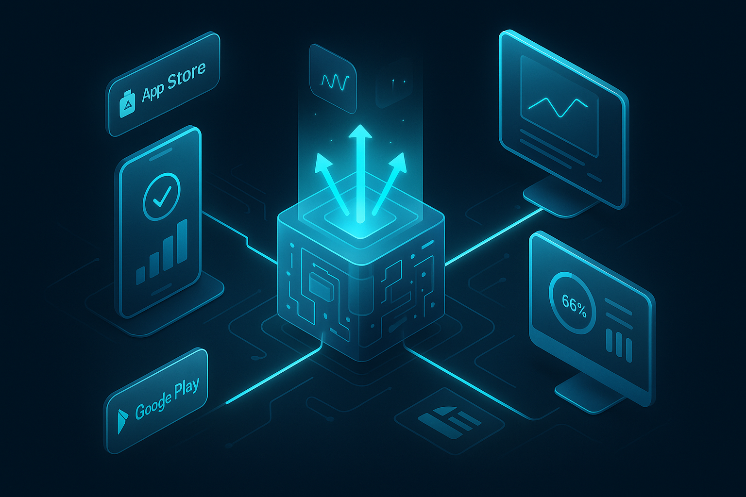A detailed, futuristic 3D isometric description of a PWA core engine pushing updates to phones, tablets, and desktops, with cyan glow lines, install badges for app stores, and analytics widgets floating in glass