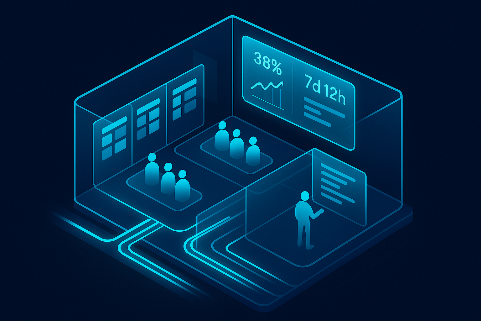 A detailed, futuristic 3D isometric description of a glass workspace with diverse product squads, kanban boards, release pipelines as neon tracks, and a holographic KPI wall in cyan showing conversion and cycle time