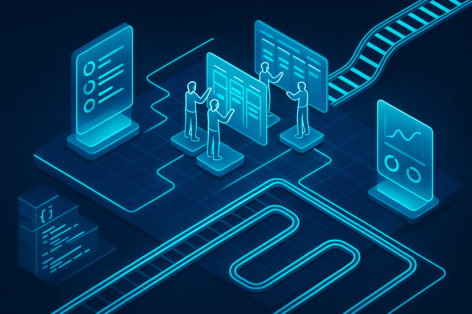 A detailed, futuristic 3D isometric description of a digital factory floor made of code blocks, sprint lanes glowing in cyan #00D4FF, teams collaborating around holographic kanban boards, deploy pipelines visualized as neon rails, glassmorphism panels showing KPIs